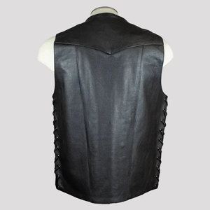 <b>Men</b>’s Motorcycle Riding Leather Vest Durable Black Biker Waistcoat with Side Laces & <b>Utility</b> Storage Quick Shipping - Product Image 2