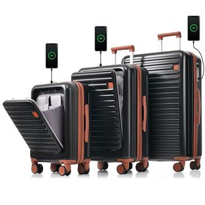 Porta USB 20/24/28 pollici Set bagaglio apertura anteriore Design aereo certificata ABS rigido portabicchieri marrone nero Spinner ruote - Product Image 1