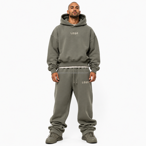 Ensemble deux pièces streetwear personnalisé avec logo brodé, épaules tombantes, en molleton double face brossé, ourlets et poignets côtelés, vente en gros OEM, nouveauté - Product Image 1