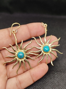Elegant Bohemia Turquoise Drop Dangle Earrings Women Fashionable Brass Jewelry Bezel Setting round Shape - Product Image 6