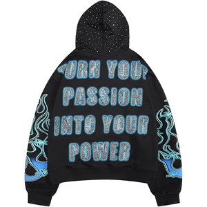 Black Oversized Hooded Sweatshirt <b>Men</b> Blue Flame Print Streetwear Autumn Wear Regular Fit Knitted Polyester - Product Image 2