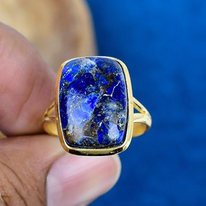 Bague artisanale en lapis-lazuli naturel, pierre précieuse en forme de coussin, plaqué or 18 carats sur argent sterling 925 - Product Image 2