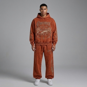 Conjunto Deportivo Naranja para Hombre, Sudadera con Capucha Extra Grande y Pantalones Deportivos, Ropa Deportiva Urbana, Logotipo Bordado Personalizado, Algodón Grueso - Product Image 1