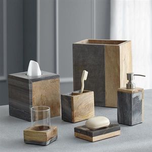 Wooden Bathroom Set Six-Piece Square Minimalist Style Soap Dispenser <b>Toothbrush</b> <b>Holder</b> Cup Soap Dish Tissue Box Eco-Friendly - Product Image 1