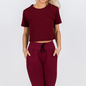 Women's <b>Maroon</b> T-Shirt Short Sleeve O-Neck Solid Knitted Breathable Casual <b>Top</b> Spring Summer Slim Fit With Pockets - Product Image 3