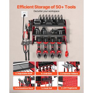 Support pour 4 perceuses, station de charge à 3 niveaux, organisateur de multiprises, panneau perforé latéral pour garage, établi, atelier, avec 8 compartiments à outils intégrés - Product Image 4
