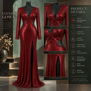 Robe de soirée moulante en sequins bordeaux |   Robe de soirée longue à col rond et manches courtes, avec découpes latérales et fente haute sur le devant, glamour, 100% - Product Image 5