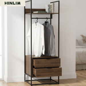 Armario Abierto Industrial Moderno con 2 Cajones, Acabado en Nogal, Estructura Metálica, Estantes de Tablero Laminado, Muebles para Dormitorio - Product Image 1