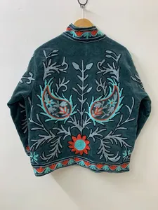 Handcrafted <b>Women</b> Floral Embroidered Dark Green Velvet <b>Jacket</b> Suzani Paisley Motif Front Open Short Coat Boho Cardigan Outerwear - Product Image 3