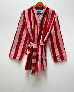 Kimono de terciopelo rojo de lujo hecho a mano, chaqueta larga con estampado floral, 100% algodón, cierre con cordón, para fiestas. - Product Image 6