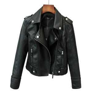 Chaqueta de Moto de Cuero PU para Mujer, Cuello Camisero, Cierre de Cremallera, Manga Larga, Color Sólido, Otoño, Largo Regular - Product Image 3