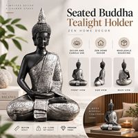 Porte-bougie Bouddha personnalisé en polyrésine grande taille, statue de méditation assise, finition argent antique, décoration spa, fournisseur en gros OEM ODM