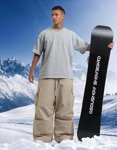 Pantalon cargo unisexe imperméable beige taille haute jambe large fermeture boutonnée pour adulte, idéal ski et neige - Product Image 6