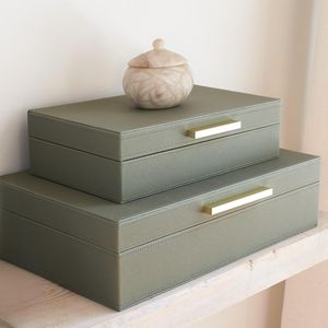 <b>Decorative</b> PU Leather Storage <b>Boxes</b> <b>with</b> <b>Lids</b> Set of 2 Bookshelf Organizer Bins for Home Decor - Product Image 1