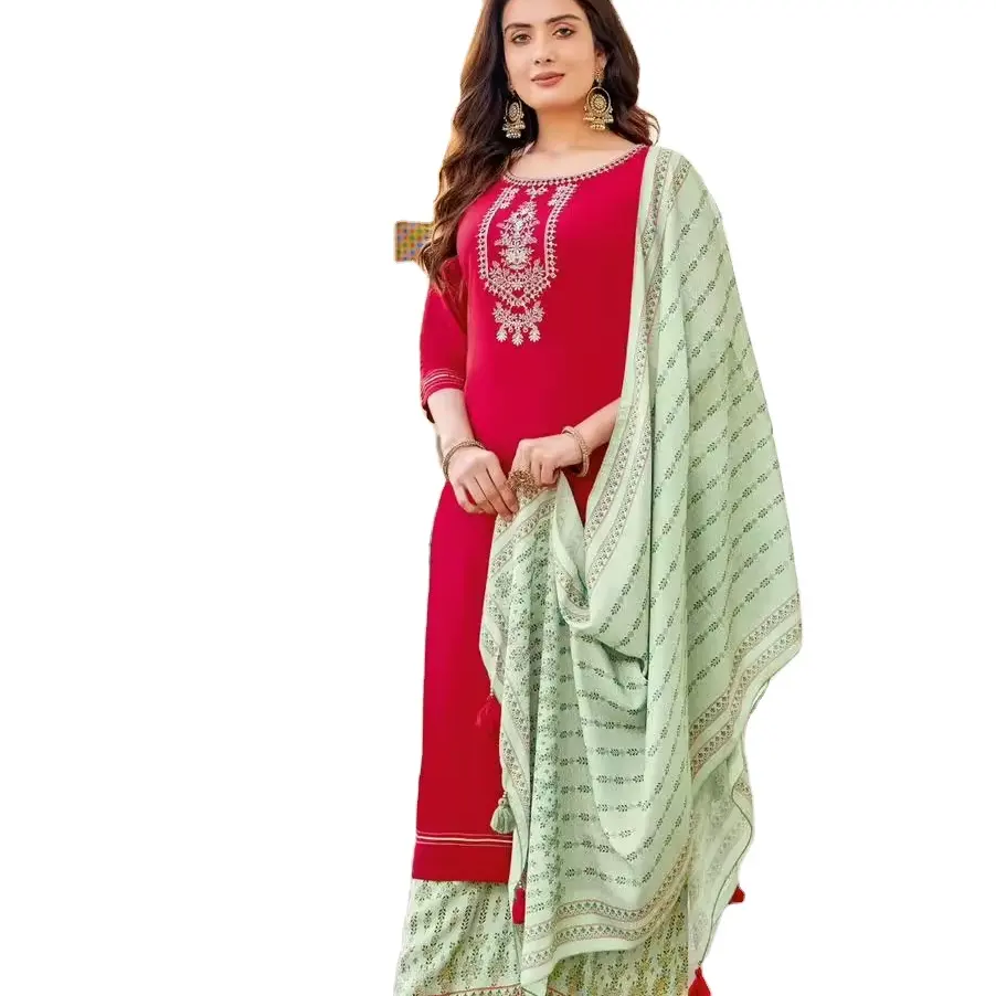 Roupa de salwar com bordado artístico de três lugares, roupa de rayon pesada da moda com Saree Dupatta