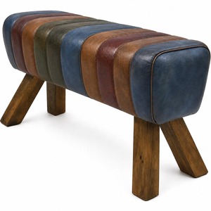 Premium Rare Patchwork Leather Pommel Horse Bench with Rustic Wooden Legs Upholstered Entryway <b>Bedroom</b> Seating <b>Stool</b> - Product Image 1