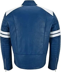 Blue And <b>White</b> Striped Genuine Leather Biker <b>Jacket</b> Men Motorcycle <b>Jacket</b> - Product Image 2