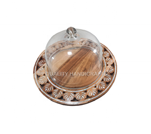 Plateau de vadrouille rond en bois d'acacia avec incrustation et dôme en verre Nouveau cadeau du Ramadan Eid Plateau de service à dessert en nacre - Product Image 4