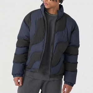 Modern Men Color Blocking Navy Blue And Black Abstract <b>Quilted</b> Puffer Jacket Insulated <b>Winter</b> Streetwear Zip Front Outerwear - Product Image 1