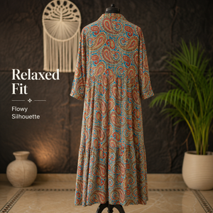 Robe chemise en soie haut de gamme pour femme, taille unique, bleu paisley, longue, style bohème, kaftan, manches longues, fluide, pour les vacances à la plage - Product Image 2