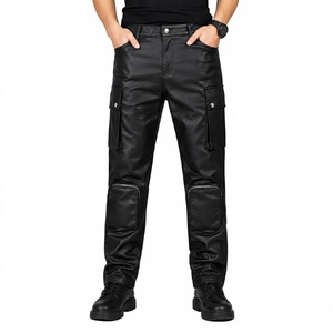 Pantalon de motard décontracté multi-poches coupe slim de haute qualité en cuir véritable, style punk hip-hop pour hommes - Product Image 1