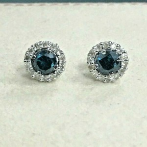 Boucles d'oreilles clous halo pour femme en argent sterling 925 plaqué rhodium avec diamant naturel bleu taille ronde 1,10 carat – Bijoux tendance pour mariage et soirée - Product Image 3