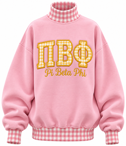 Sweat-shirt surdimensionné à col roulé en coton molletonné 100 % pour femme, motif gingham, manches longues, avec logo frontal, vente en gros - Product Image 1