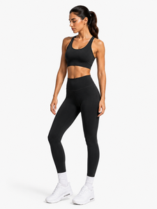 Ensemble de yoga 2 pièces : Crop top dos nageur à col ras du cou et Legging taille haute longueur intégrale, sans couture, noir uni, extensible dans quatre directions, écologique - Product Image 4