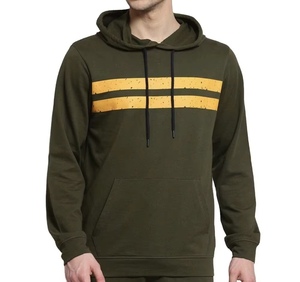 Sweat-shirt à capuche vert olive pour homme avec rayures jaunes, coupe classique, pull en coton tricoté décontracté, vêtement d'automne - Product Image 1