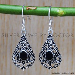 Traditional Solid 925 Sterling Silver Natural Black Onyx Oval Cut Gemstone Drop Dangle <b>Hook</b> <b>Earrings</b> Elegant Jewelry Manufacture - Product Image 2