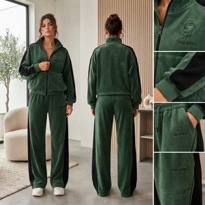<b>Women's</b> Dark Green <b>White</b> Zip Hoodie Tracksuit Set Color Block Panel Design Oversized <b>Jogger</b> Pants Streetwear - Product Image 4