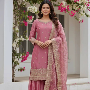 Ensemble palazzo en soie brodée de qualité supérieure pour femmes avec dupatta |   Costume ethnique richement orné de paillettes (M–XXL) - Product Image 1