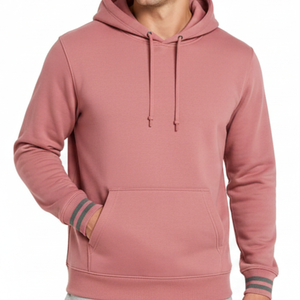 Sweat à capuche pour homme tendance et très demandé, couleur rose poussiéreuse, avec poignets rayés gris, style streetwear pour homme, sweat à capuche pull-over - Product Image 2
