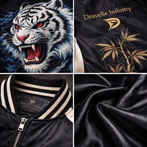 เสื้อแจ็คเก็ตซูกะกันสุดหรูแบบสั่งทำพิเศษ ลายเสือขาวปักบนผ้าซาติน ทรงบอมเบอร์ สไตล์เลตเตอร์แมน วาร์ซิตี้ ผ้าซาติน แบบโยโกสึกะ - Product Image 4