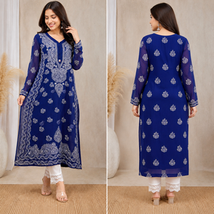 Kurti droit en coton bleu roi brodé à la main style Lucknowi Chikankari - Tunique ethnique élégante pour femme - Product Image 4