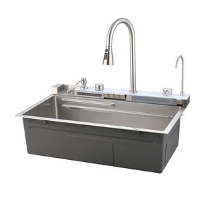 Fregadero de cocina de un solo tazón de acero inoxidable 304 con cascada tipo ballena, lavabo doméstico para lavar verduras con grifo extraíble - Product Image 3