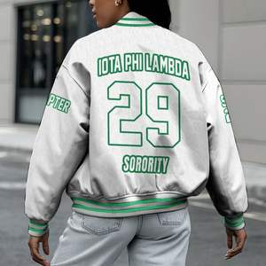 Veste universitaire personnalisée pour femmes Iota Phi Lambda, blanche, avec écusson à lettres grecques, numéro de sororité et année, style bomber - Product Image 2