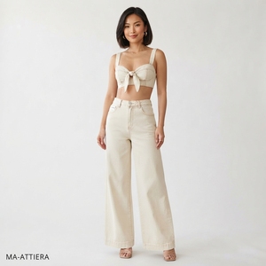 <b>Women</b> Cream Denim Bow <b>Crop</b> Top And Wide Leg <b>Jeans</b> Set Casual Two Piece Matching Outfit Summer Streetwear Fashion - Product Image 1