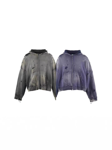 Wholesale Custom Heavyweight Oversized Terry 100% Cotton Streetwear Vintage Acid <b>Wash</b> Print Zipper Distressed Hoodies Men - Product Image 2
