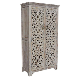 Luxury Handcrafted Solid Wood 2 Door <b>Wardrobe</b> Ornate Filigree Scroll Carving Distressed White Armoire - Product Image 4