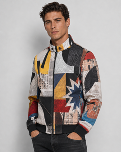 <b>Men's</b> Patchwork Bomber <b>Jacket</b> Stand Collar Zipper Closure Casual Style Polyester Cotton Blend Autumn Wear Bomber <b>Jacket</b> - Product Image 3