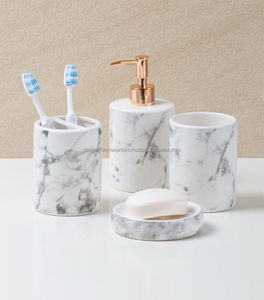 Modern Hexagonal Bathroom Accessory <b>Set</b> - Wood & Resin Composite MDF Liquid <b>Soap</b> Dispenser Holder - Unique Geometric Deco - Product Image 3