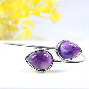 Natural Amethyst Two-Stone Teardrop Bangle <b>Bracelet</b> 925 Sterling <b>Silver</b> Plated Adjustable Open <b>Cuff</b> Jewelry for Wholesale - Product Image 6