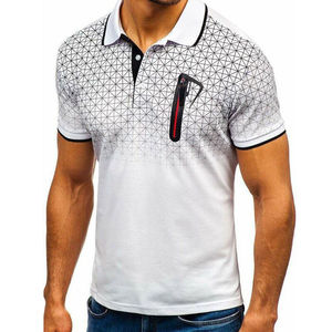 Mens <b>White</b> Polo <b>Shirt</b> Gradient Pattern Design Zipper Pocket Breathable Cotton Casual Short Sleeve Summer Wear - Product Image 2