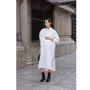 Vestidos Midi Casuales de Verano, Cuello Alto, Manga Regular, Minimalistas, Transpirables, Popelina 100% Algodón, Hilo Prelavado con Enzimas, Cierre de Botones al Frente - Product Image 1