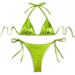 Women's Metallic Green Triangle <b>Bikini</b> Set Tie Side Bottom Halter <b>String</b> Swimwear Stretch Two Piece Bathing Suit - Product Image 6