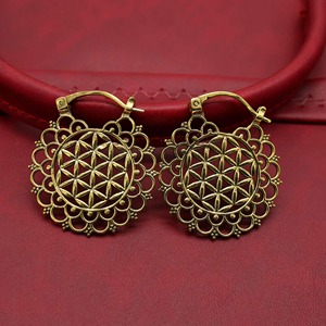 Antique Gold Plated Brass Circular Earrings With Floral Etching Design For Wedding Decoration - Product Image 1