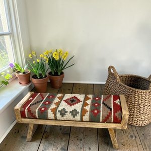 Banco de Yute Kilim Hecho a Mano, Ecológico y Duradero, Banco Otomano Tradicional Cuadrado, Banco de Madera Vintage, Muebles Rústicos para Sala de Estar - Product Image 4