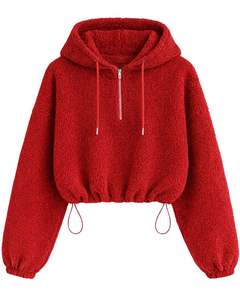 Sweat à capuche court en polaire texturée rouge personnalisé, avec fermeture éclair quart de tour, ourlet à cordon de serrage réglable, style streetwear décontracté, pull chaud pour homme, logo personnalisé - Product Image 1