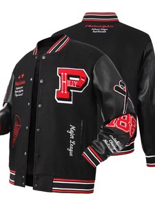 Chaqueta Varsity Negra para Hombre 100% Algodón con Logotipo Personalizado, Mangas de Cuero, Chaqueta de Béisbol Estilo Letterman, Ropa Urbana, Fabricante OEM - Product Image 1